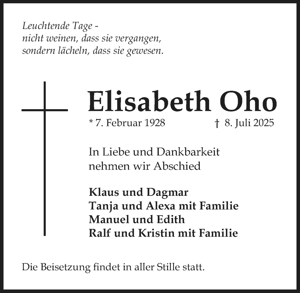  Traueranzeige für Elisabeth Oho vom 19.07.2025 aus Allgemeine Zeitung Mainz
