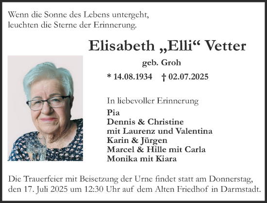 Traueranzeige von Elisabeth Vetter von Darmstädter Echo