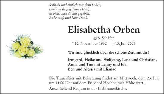 Traueranzeige von Elisabetha Orben von Wormser Zeitung