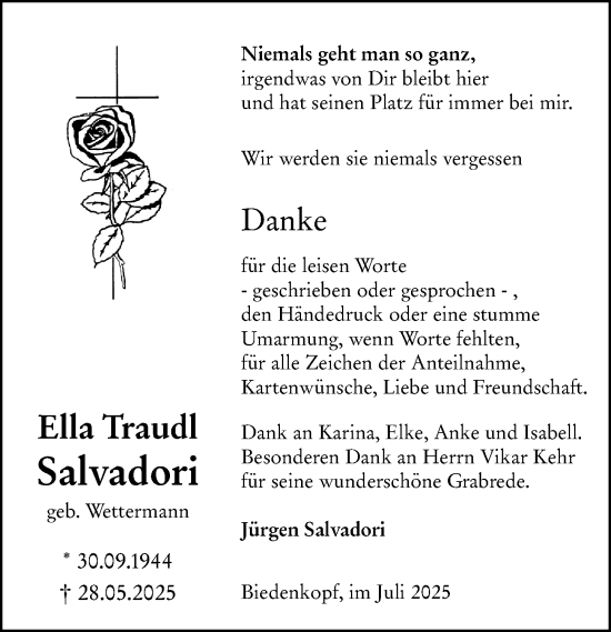 Traueranzeige von Ella Traudl Salvadori von Hinterländer Anzeiger