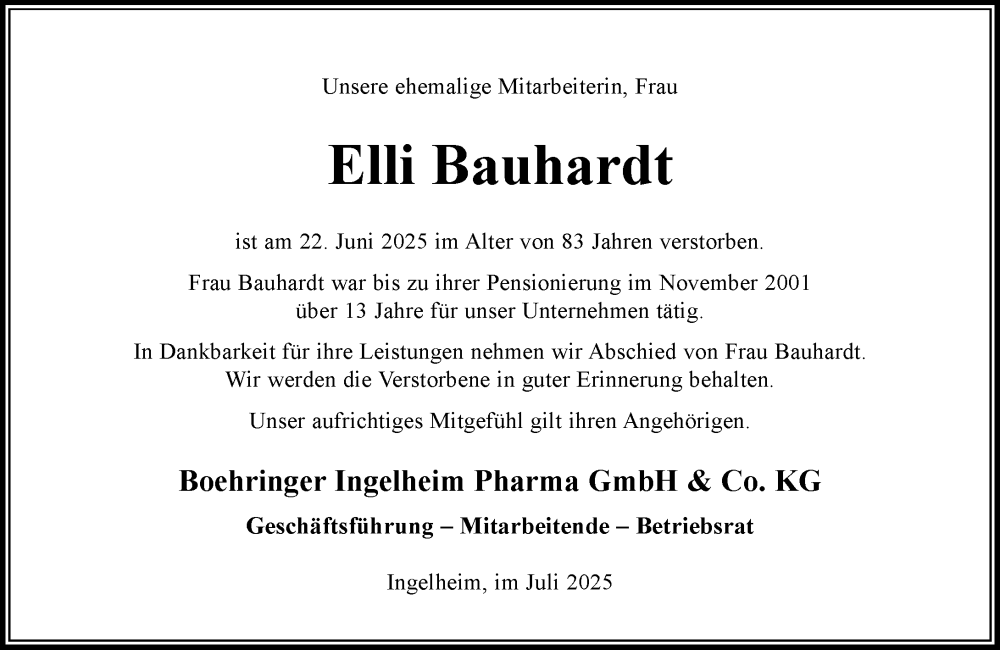  Traueranzeige für Elli Bauhardt vom 04.07.2025 aus Allgemeine Zeitung Rheinhessen-Nahe