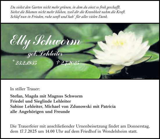 Traueranzeige von Elly Schworm von Allgemeine Zeitung Alzey