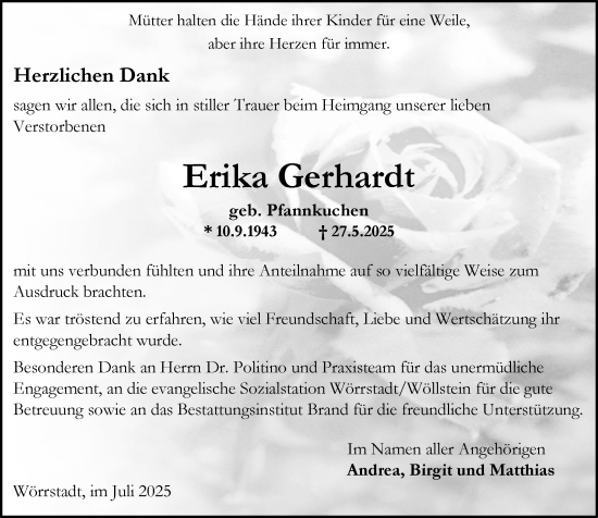 Traueranzeige von Erika Gerhardt von Allgemeine Zeitung Alzey