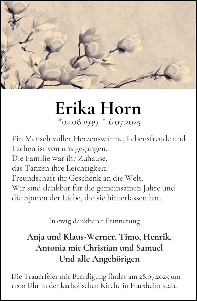  Traueranzeige für Erika Horn vom 26.07.2025 aus Wiesbadener Kurier