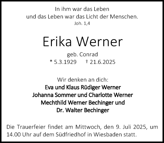 Traueranzeige von Erika Werner von Wiesbadener Kurier