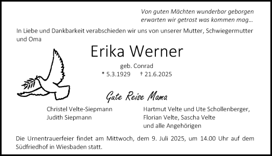 Traueranzeige von Erika Werner von Darmstädter Echo