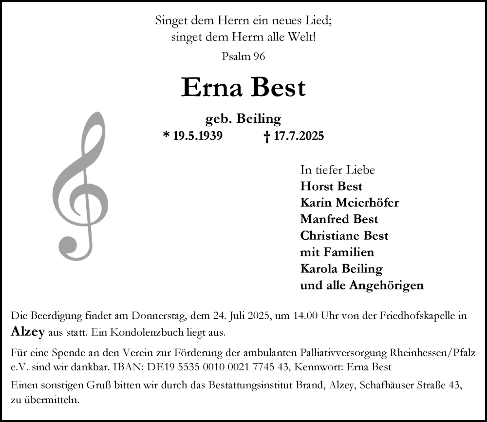  Traueranzeige für Erna Best vom 19.07.2025 aus Allgemeine Zeitung Alzey