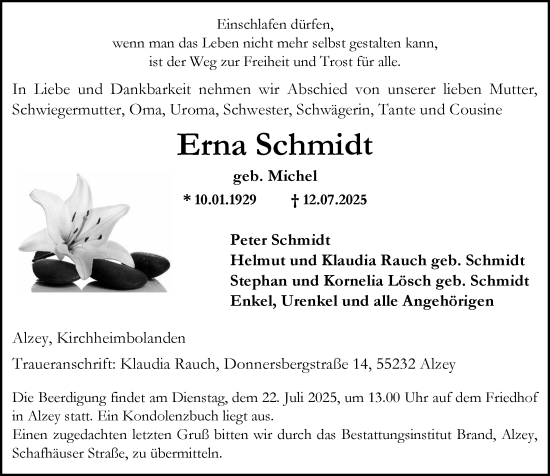 Traueranzeige von Erna Schmidt von Allgemeine Zeitung Alzey