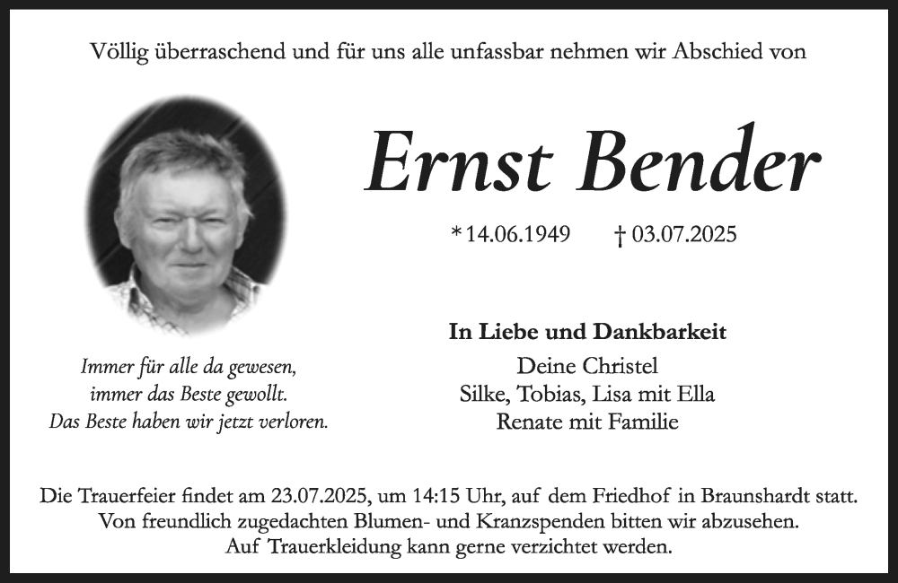  Traueranzeige für Ernst Bender vom 12.07.2025 aus Darmstädter Echo