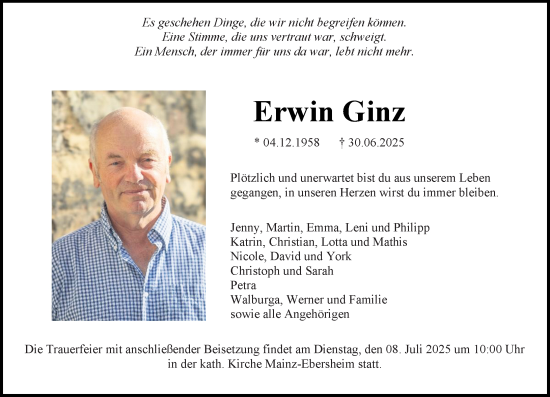 Traueranzeige von Erwin Ginz von Allgemeine Zeitung Mainz