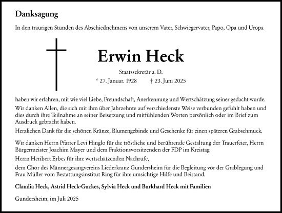 Traueranzeige von Erwin Heck von Allgemeine Zeitung Alzey