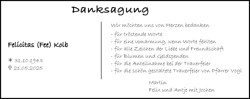  Traueranzeige für Felicitas Kolb vom 12.07.2025 aus Dieburger Anzeiger/Groß-Zimmerner Lokal-Anzeiger