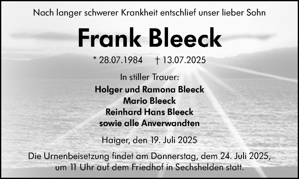  Traueranzeige für Frank Bleeck vom 19.07.2025 aus Dill Block