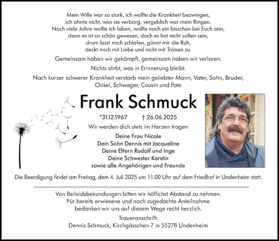 Traueranzeige von Frank Schmuck von Allgemeine Zeitung Alzey