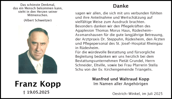 Traueranzeige von Franz Kopp von Wiesbadener Kurier