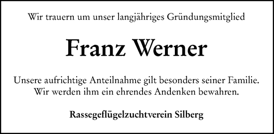 Traueranzeige von Franz Werner von Hinterländer Anzeiger
