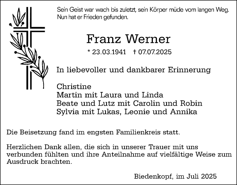  Traueranzeige für Franz Werner vom 19.07.2025 aus Hinterländer Anzeiger