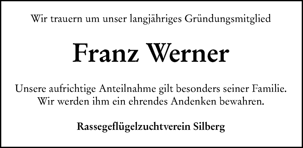  Traueranzeige für Franz Werner vom 25.07.2025 aus Hinterländer Anzeiger