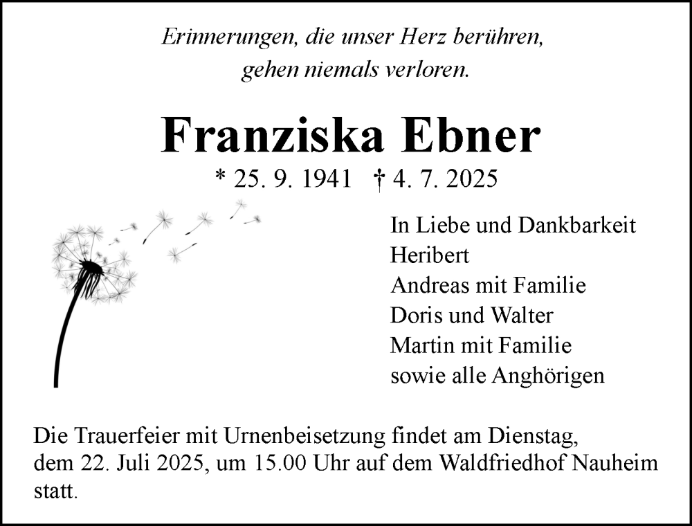  Traueranzeige für Franziska Ebner vom 19.07.2025 aus Rüsselsheimer Echo