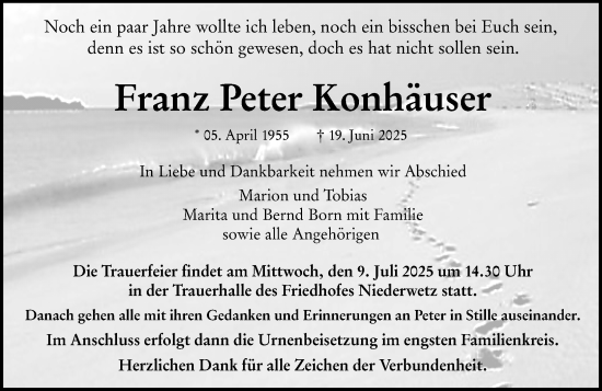 Traueranzeige von Franz Peter Konhäuser von Wetzlarer Neue Zeitung