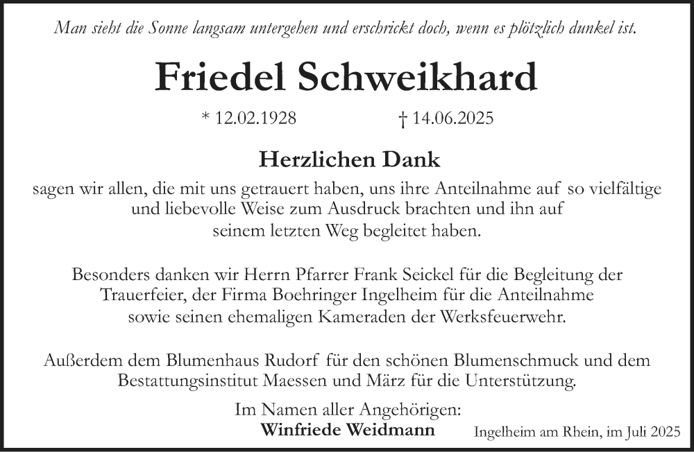  Traueranzeige für Friedel Schweikhard vom 12.07.2025 aus Allgemeine Zeitung Rheinhessen-Nahe