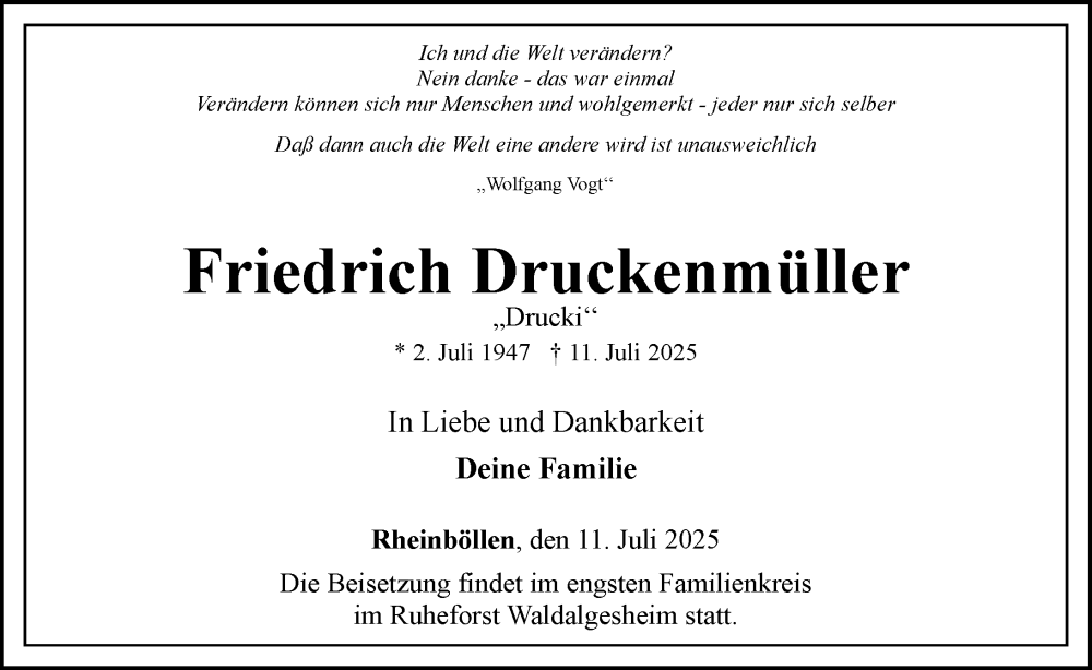  Traueranzeige für Friedrich Druckenmüller vom 19.07.2025 aus Allgemeine Zeitung Rheinhessen-Nahe