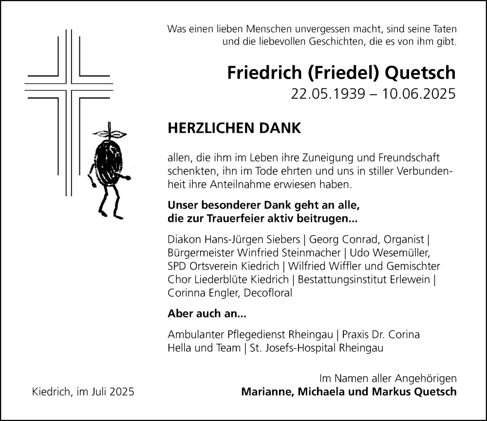  Traueranzeige für Friedrich Quetsch vom 05.07.2025 aus Rheingau Kurier