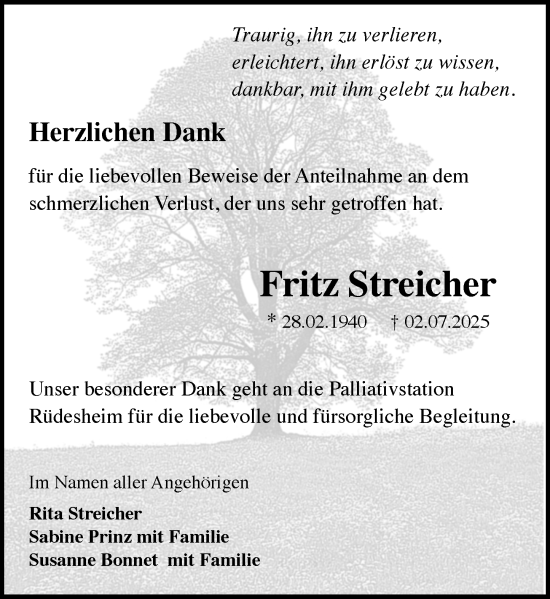 Traueranzeige von Fritz Streicher von Rheingau Kurier