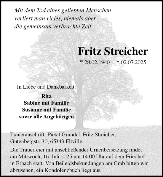 Traueranzeige von Fritz Streicher von Rheingau Kurier