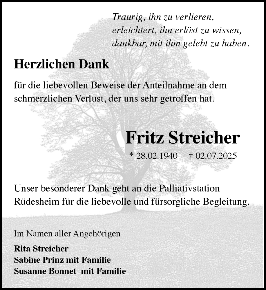  Traueranzeige für Fritz Streicher vom 26.07.2025 aus Rheingau Kurier