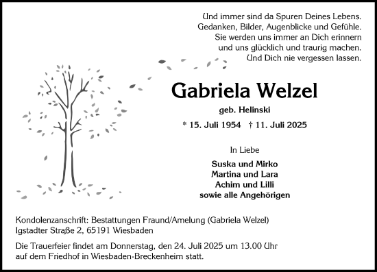 Traueranzeige von Gabriela Welzel von Wiesbadener Kurier
