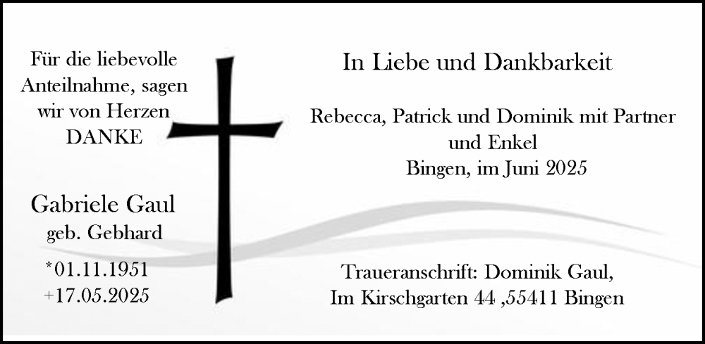  Traueranzeige für Gabriele Gaul vom 05.07.2025 aus Binger-/Ingelheimer Wochenblatt