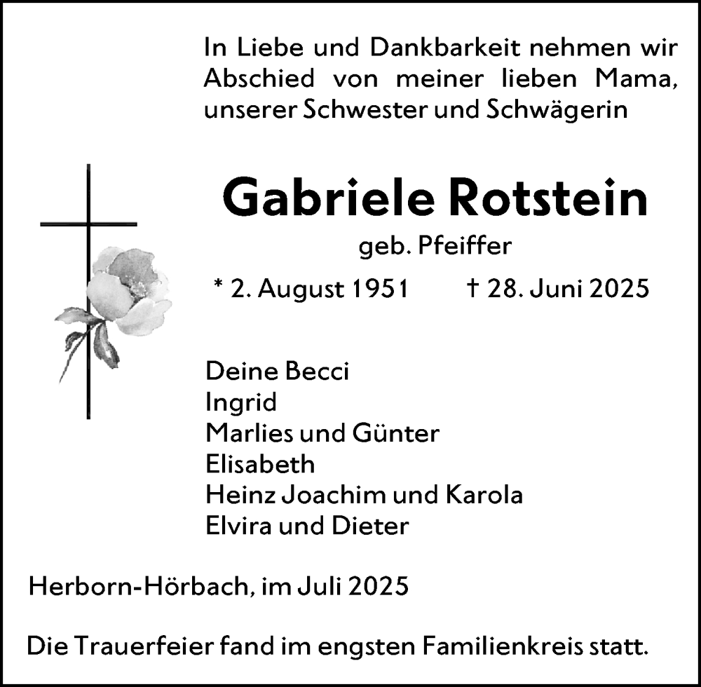  Traueranzeige für Gabriele Rotstein vom 07.07.2025 aus Dill Block