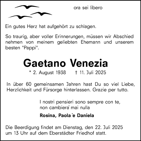 Traueranzeige von Gaetano Venezia von Darmstädter Echo