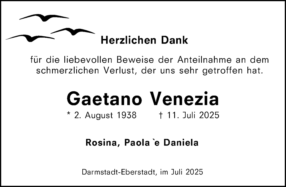  Traueranzeige für Gaetano Venezia vom 26.07.2025 aus Darmstädter Echo