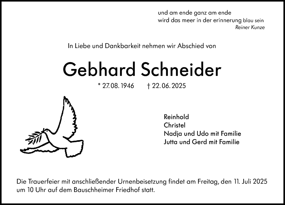  Traueranzeige für Gebhard Schneider vom 05.07.2025 aus Rüsselsheimer Echo
