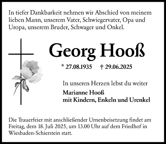 Traueranzeige von Georg Hooß von Wiesbadener Kurier