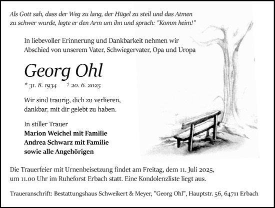Traueranzeige von Georg Ohl von Odenwälder Echo