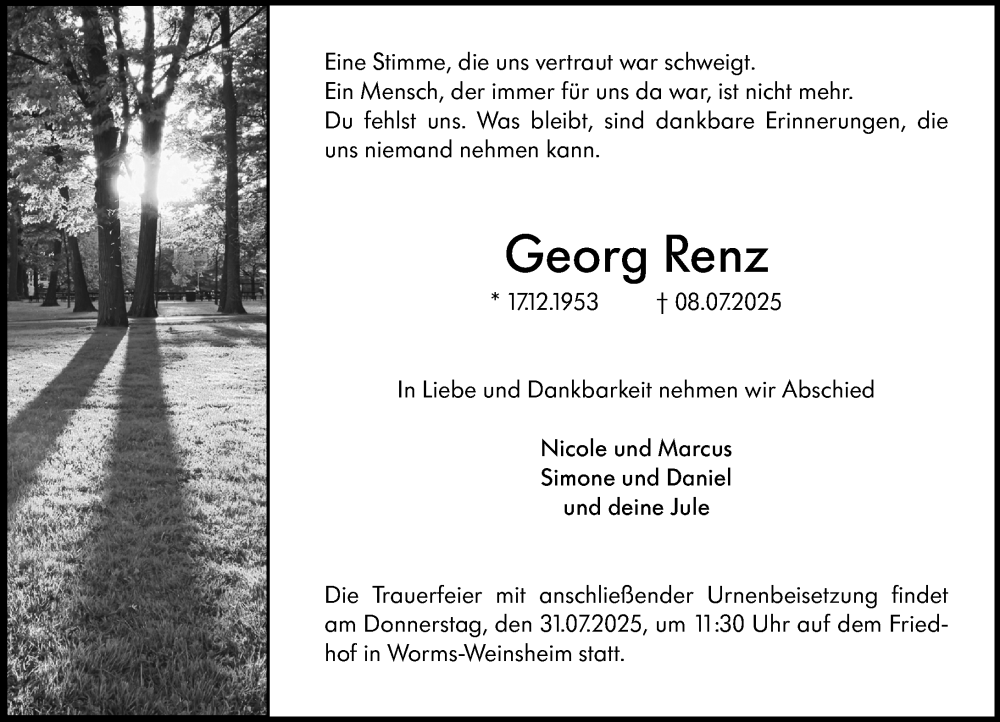  Traueranzeige für Georg Renz vom 26.07.2025 aus Wormser Zeitung