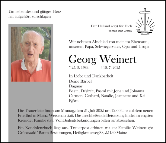 Traueranzeige von Georg Weinert von Allgemeine Zeitung Mainz