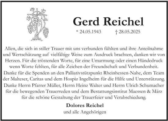 Traueranzeige von Gerd Reichel von Binger-/Ingelheimer Wochenblatt