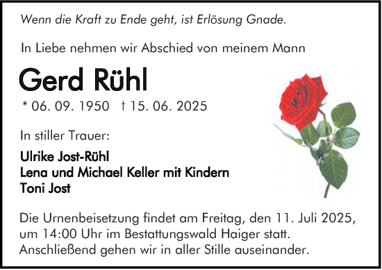 Traueranzeige von Gerd Rühl von Dill Block