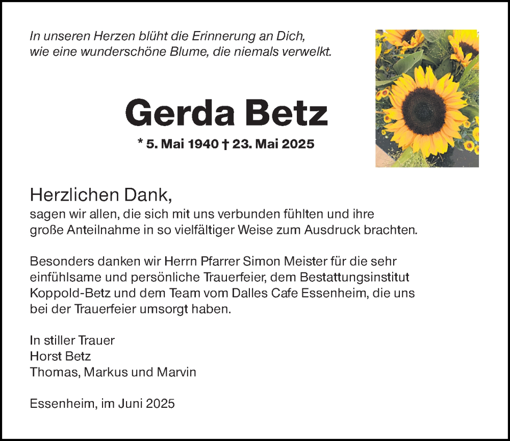  Traueranzeige für Gerda Betz vom 05.07.2025 aus Allgemeine Zeitung Mainz