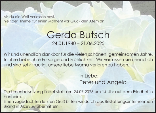 Traueranzeige von Gerda Butsch von Allgemeine Zeitung Alzey