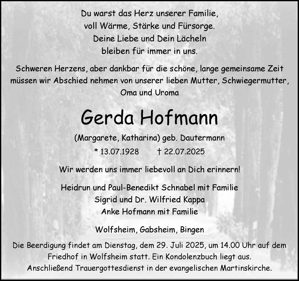  Traueranzeige für Gerda Hofmann vom 26.07.2025 aus Allgemeine Zeitung Rheinhessen-Nahe
