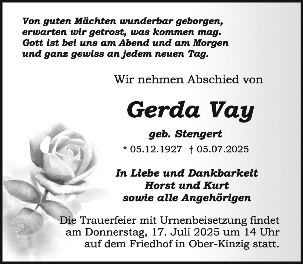  Traueranzeige für Gerda Vay vom 12.07.2025 aus Odenwälder Echo
