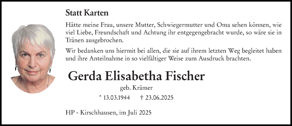  Traueranzeige für Gerda Elisabetha Fischer vom 26.07.2025 aus Starkenburger Echo