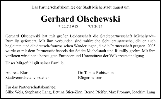 Traueranzeige von Gerhard Olschewski von Odenwälder Echo