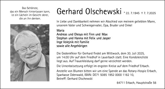 Traueranzeige von Gerhard Olschewski von Odenwälder Echo