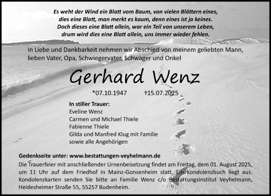 Traueranzeige von Gerhard Wenz von Allgemeine Zeitung Mainz